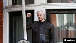 Julian Assange, fundador de WikiLeaks, en el balcón de la Embajada de Ecuador en Londres, el 19 de mayo de 2017. Assange, que se refugió en la embajada desde 2012, denunció al gobierno de Ecuador alegando que le quiere retirar el asilo. 