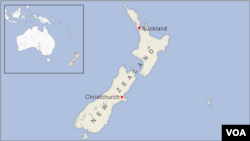 A map of New Zealand showing the cities of Auckland and Christchurch.