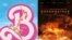 Promotional art for "Barbie," left, and "Oppenheimer."