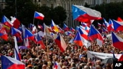 Thousands of demonstrators gather to protest against the government at Wencesla Square in Prague, Czech Republic, Sept. 3, 2022. 