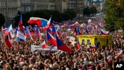 Thousands of demonstrators gather to protest against the government at Wencesla Square in Prague, Czech Republic, Sept. 3, 2022.