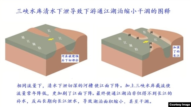 中国学者绘制的显示三峡水库清水下泄导致下游通江湖泊缩小干涸示意图 （黄万里研究基金提供）