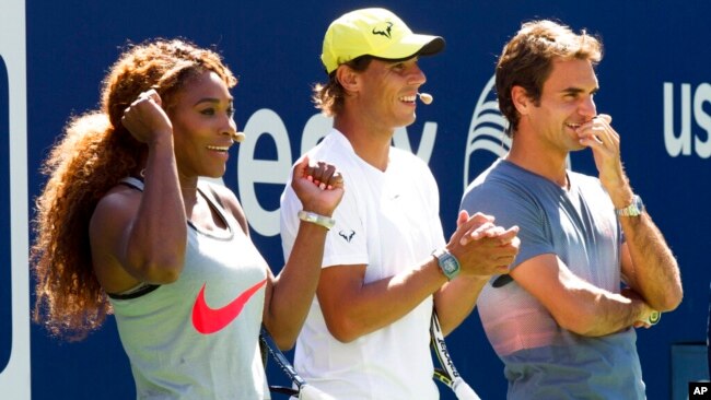 FILE - Serena Williams, Rafael Nadal and Roger Federer, right, at the US Open tennis tournament, Aug. 24, 2013, in New York.