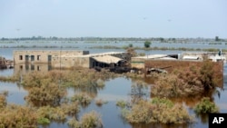 FILE - Homes are surrounded by floodwaters in Qambar Shahdadkot district of Sindh province, Pakistan, Sep. 2, 2022.