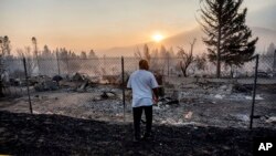 Seorang pria memperhatikan rumahnya yang hancur terbakar oleh kebakaran hutan Mill fire di Weed, California,
Sabtu, 3 September 2022. (Foto: Noah Berger/AP Photo)