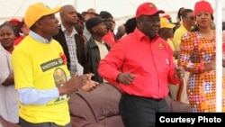 Prime Minister and MDC-T leader Morgan Tsvangirai and Mavambo Kusile Dawn party leader Simba Makoni preparing to address people at Sakubva Stadium, Mutare, Manicaland Province.