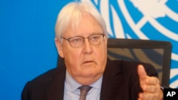 United Nations official Martin Griffiths speaks at a news conference in Mogadishu, Somalia, on Sept 5, 2022. During the conference, he warned that “famine is at the door” of Somalia. 