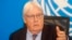 United Nations official Martin Griffiths speaks at a news conference in Mogadishu, Somalia, on Sept 5, 2022. During the conference, he warned that “famine is at the door” of Somalia. 