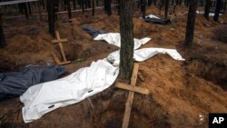 Bags with dead bodies are seen during the exhumation in the recently retaken area of Izium, Ukraine, Sept. 16, 2022. 