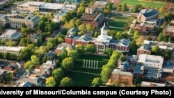 University of Missouri-Columbia campus, showing Jesse Hall and the Mel Carnahan Quadrangle behind it, and Stankowski Field.