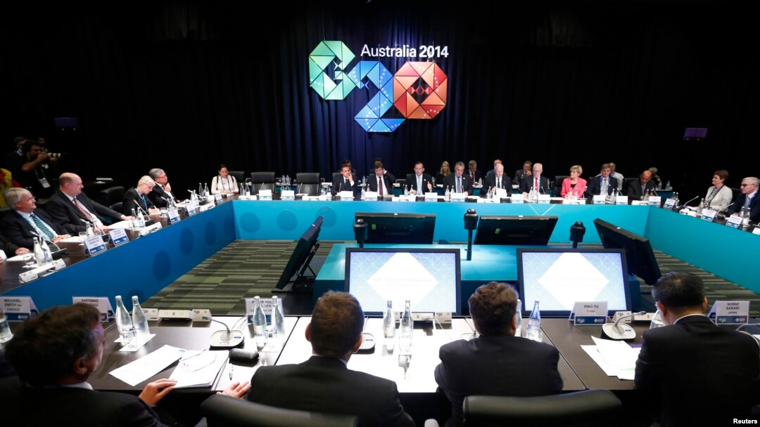 Suasana ruang pertemuan para pemimpin dunia di KTT G20 di Brisbane, Australia (14/11).
