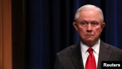  U.S. Attorney General Jeff Sessions attends a news conference on the arrest of a suspect in the sending of at least a dozen parcel bombs to Democratic politicians and high-profile critics of President Trump.
