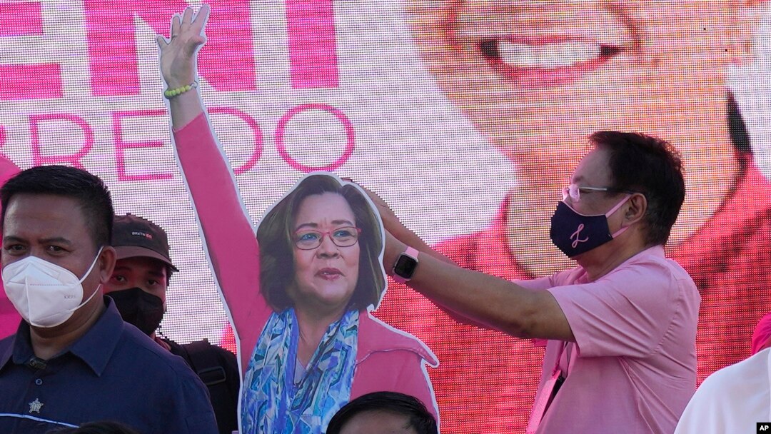 FILE - A life-size cardboard cutout of Sen. Leila de Lima, center, is seen on a stage in Manila, Philippines, March 2, 2022. De Lima, a top critic of outgoing President Rodrigo Duterte, has been locked up for more than five years in a high-security prison in the capital.