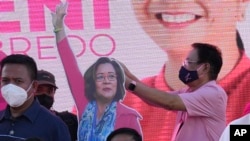 FILE - A life-size cardboard cutout of Sen. Leila de Lima, center, is seen on a stage in Manila, Philippines, March 2, 2022. De Lima, a top critic of outgoing President Rodrigo Duterte, has been locked up for more than five years in a high-security prison in the capital.