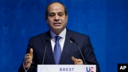 FILE - Egyptian President Abdel-Fattah el-Sissi delivers a speech during the One Ocean Summit, in Brest, Brittany, Feb. 11, 2022. The head of a journalists’ union said May 1, 2022, that Egyptian authorities have freed three journalists.