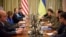 Ukrainian President Volodymyr Zelenskyy, third from right, and U.S. Speaker of the House Nancy Pelosi, third from left, talk during their meeting in Kyiv, Ukraine, April 30, 2022. 