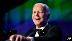 President Joe Biden speaks at the annual White House Correspondents' Association dinner, April 30, 2022, in Washington. 