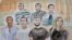 In this courtroom sketch by Elisabeth de Pourquery, suspects sit in court on the first day of the Nice attack trial in Paris, Sept. 5, 2022. 