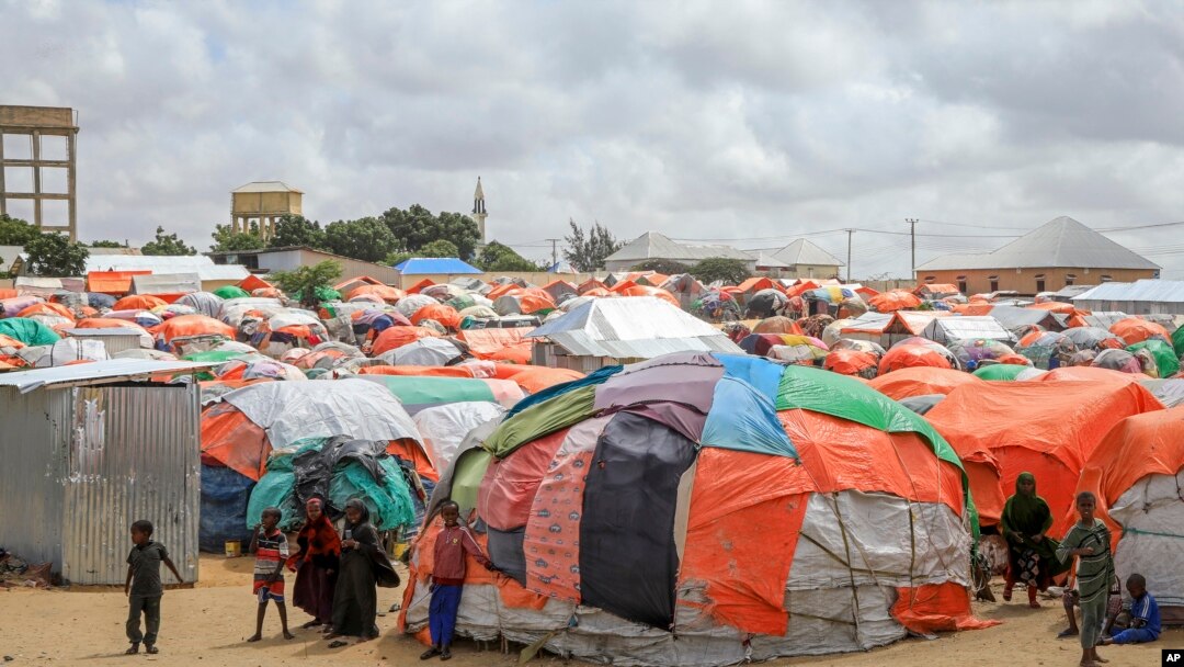 Somali children who fled drought-stricken areas stand by their makeshift shelters at a camp for the displaced on the outskirts of Mogadishu, Sept. 3, 2022. 