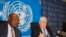 Martin Griffiths, Undersecretary-General for Humanitarian Affairs and Emergency, right, speaks at a news conference in Mogadishu, Somalia, Sept 5, 2022. 