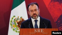 FILE - Mexico's Foreign Minister Luis Videgaray delivers a speech during a meeting with diplomatic corps in Mexico City, Mexico, Jan. 9, 2017.