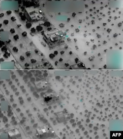 This combination of pictures created Feb. 3, 2022, from images released by the U.S. Department of Defense shows the compound housing ISIS emir Al-Qurayshi, top, in northwest Syria prior to a raid executed by U.S. forces; the same compound, bottom, after the raid.
