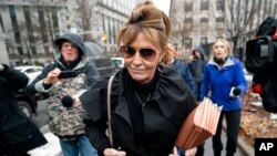 Former Alaska Gov. Sarah Palin leaves federal court in New York, Feb. 3, 2022. Her libel suit against The New York Times went to trial Thursday.