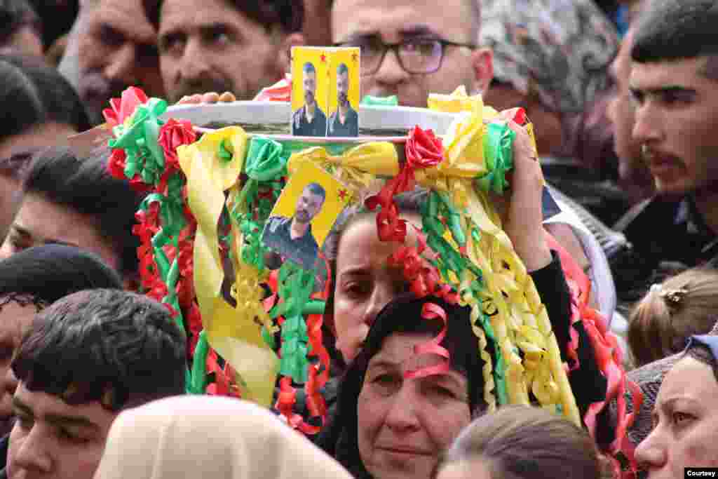 A funeral service for 12 members of the Syrian Democratic Forces (SDF) was held in al-Qamishli on Wednesday.