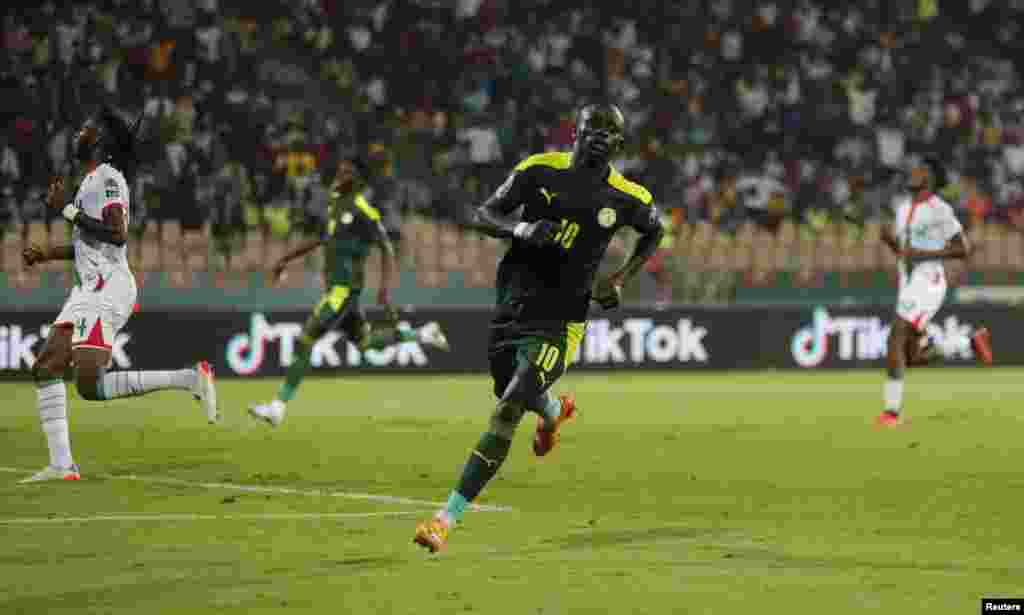 Mane celebrates scoring their third goal against Burkina Faso in Cameroon, Feb. 2, 2022.