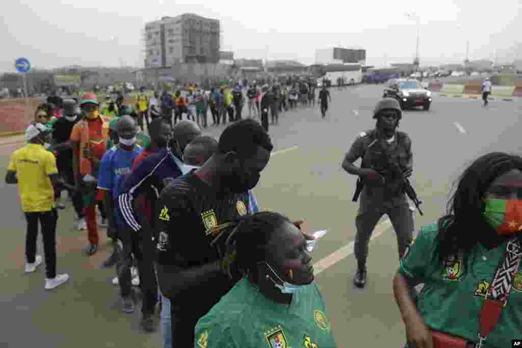 Cameroon fans queue to enter the stadium before the match against Egypt, Feb. 3, 2022.