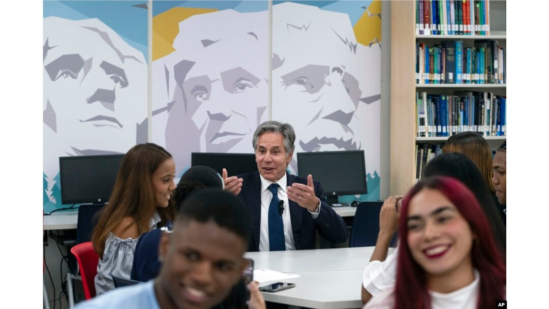 U.S. Secretary of State Antony Blinken speaks with students at the English-language Dominico Americano School in Santo Domingo, Dominican Republic, on Sept. 6, 2024.