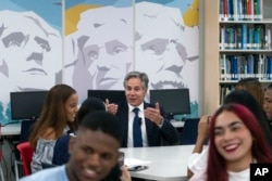 U.S. Secretary of State Antony Blinken speaks with students at the English-language Dominico Americano School in Santo Domingo, Dominican Republic, on Sept. 6, 2024.