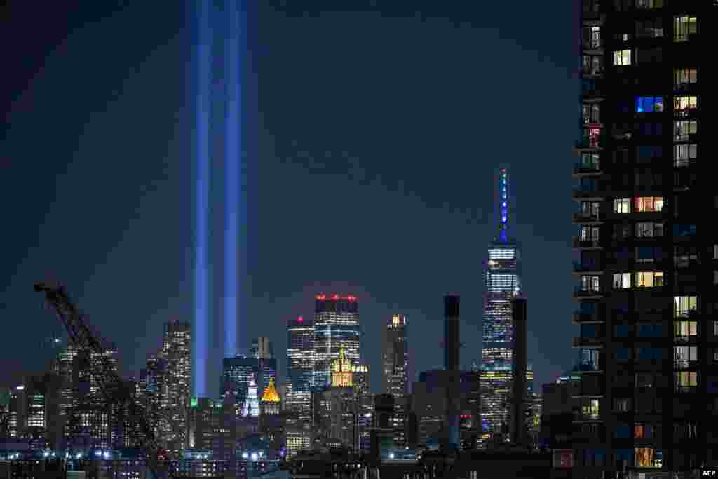The &#39;Tribute in Light&#39; installation is seen amid the Manhattan city skyline commemorating the 9/11 terrorist attacks, in New York, Sept. 10, 2022.
