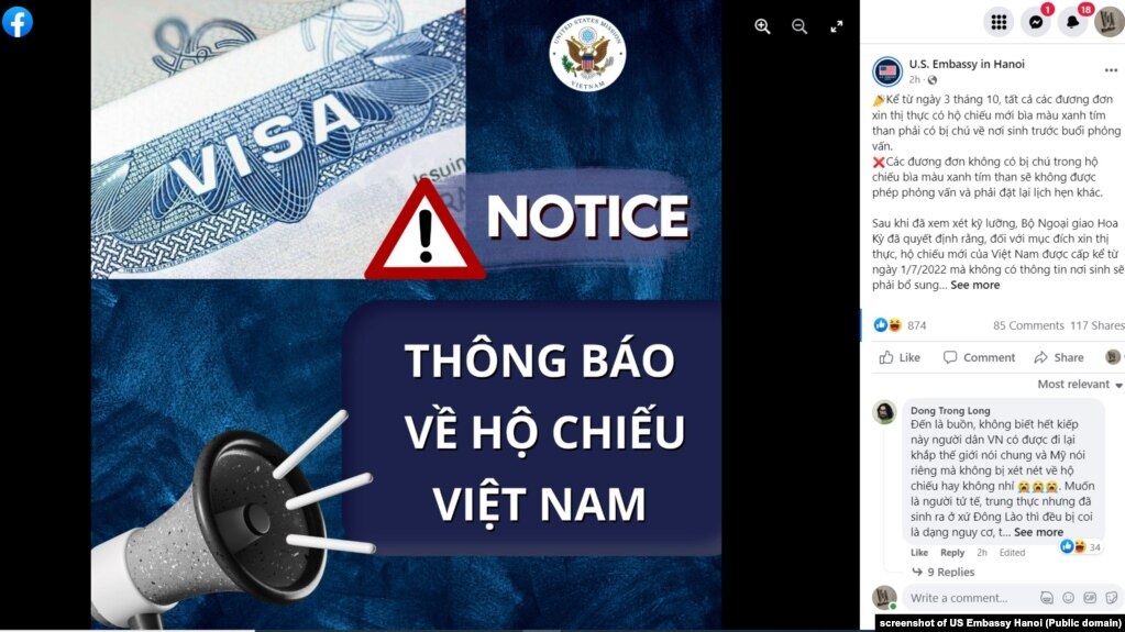 Đại sứ quán Mỹ ở Hà Nội ra thông báo về mẫu hộ chiếu mới của Việt Nam, 12/9/2022.