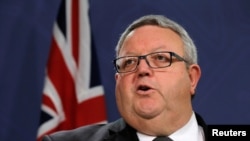 FILE - Gerry Brownlee, then New Zealand's foreign minister, speaks during a press conference in Sydney, Australia, May 4, 2017. 