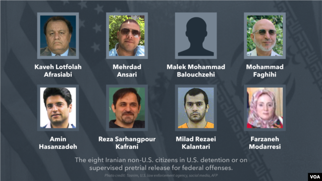 The eight Iranian non-U.S. citizens in U.S. detention or on supervised pretrial release for federal offenses. (Courtesy Tasnim, U.S. law enforcement agency, social media)