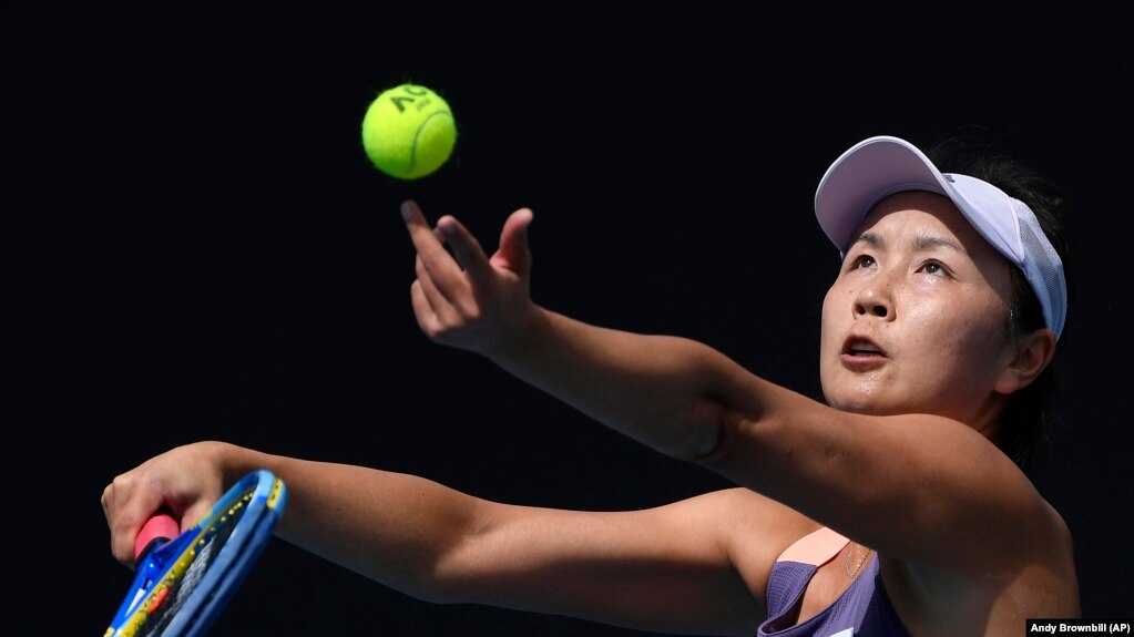 File: China's Peng Shuai serves to Japan's Nao Hibino during their first round singles match at the Australian Open tennis championship in Melbourne, Australia, on Jan. 21, 2020.