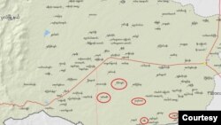 ပုလဲမြို့နယ်အတွင်း မီးရှို့ခံရတဲ့ ကျေးရွာများပြမြေပုံ။ (ပုံ - themimu.info)