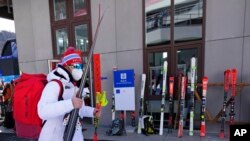 Aleksander Aamodt Kilde, of Norway leaves after the men's downhill was postponed due to weather at the 2022 Winter Olympics, Feb. 6, 2022, in the Yanqing district of Beijing. 