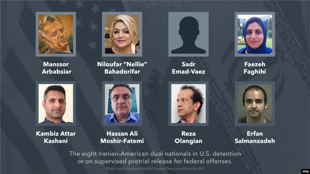 The eight Iranian-American dual nationals in U.S. detention or on supervised pretrial release for federal offenses. (Courtesy Reuters, Randall County/Texas, social media)