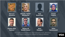 The eight Iranian-American dual nationals in U.S. detention or on supervised pretrial release for federal offenses. (Courtesy Reuters, Randall County/Texas, social media)