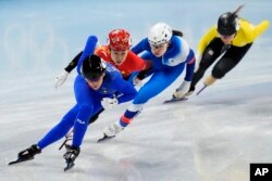 Arianna Fontana of Italy races in her quarterfinal of the women's 500-meter during the short track speedskating competition at the 2022 Winter Olympics, Feb. 7, 2022, in Beijing.