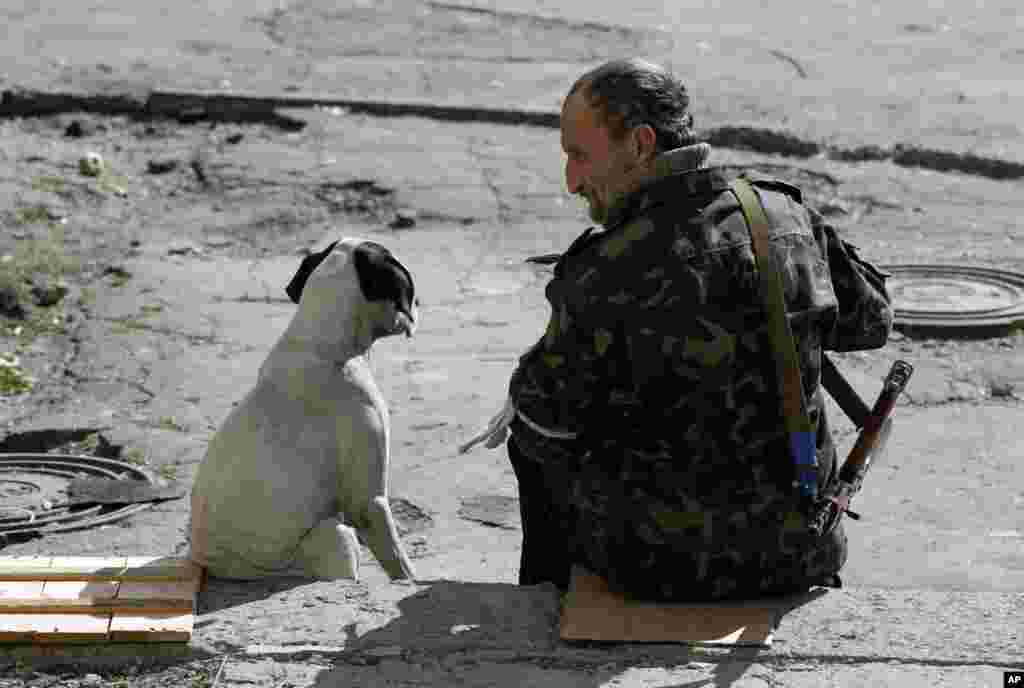 Сепаратист з собакою поруч з донецьким аеропортом 