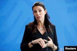 New Zealand Prime Minister Jacinda Ardern speaks during a press conference with German Chancellor Angela Merkel in Berlin, April 17, 2018.