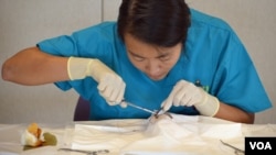 High school student Xing Zhang, 16, practices suturing at Fauquier Hospital’s Medical Camp in Warrenton, Virginia. (VOA/S. Logue)