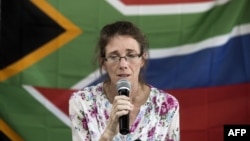 FILE - South African Yolande Korkie, a former hostage and wife of Pierre Korkie, holds a press conference in Johannesburg to appeal for the release of her husband held in Yemen. 