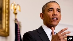Tổng thống Barack Obama phát biểu về sự kiện Iran phóng thích năm người Mỹ trong Phòng Nội các của Tòa Bạch Ốc ở Washington, ngày 17 tháng 1, 2016.