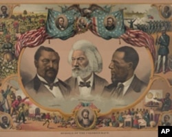 Douglass is prominent on this 1881 lithograph, Heroes of the Colored Race. The others are U.S. senators Blanche Kelso Bruce (left) and Hiram Revels (right).