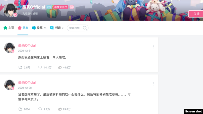 墨茶在视频分享网站Bilibili上的账号(网络截图)