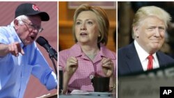 From left, Democratic presidential candidates Bernie Sanders, in Santa Maria, Calif., May 28, 2016, and Hillary Clinton, in Oakland, Calif., May 27, 2016, and presumptive Republican presidential candidate Donald Trump, in in Fresno, Calif., May 27, 2016.